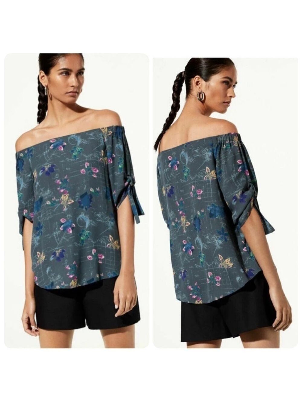 BABATON Aritzia Malik Off Shoulder Blue Floral Blouse Top Size Medium